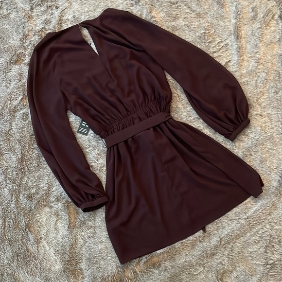Express Plum V-Neck Elastic Tie Waist Long Sleeve Mini Dress Small NWT - Picture 7 of 10